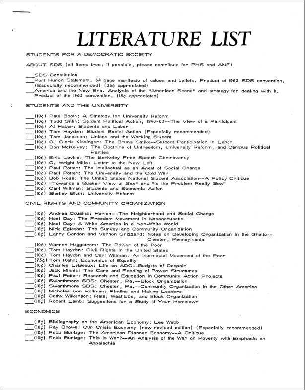 a reproduction of a SDS Literature List from 1966