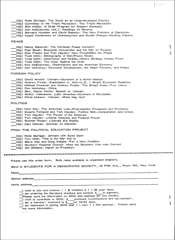 a reproduction of a SDS Literature List from 1966